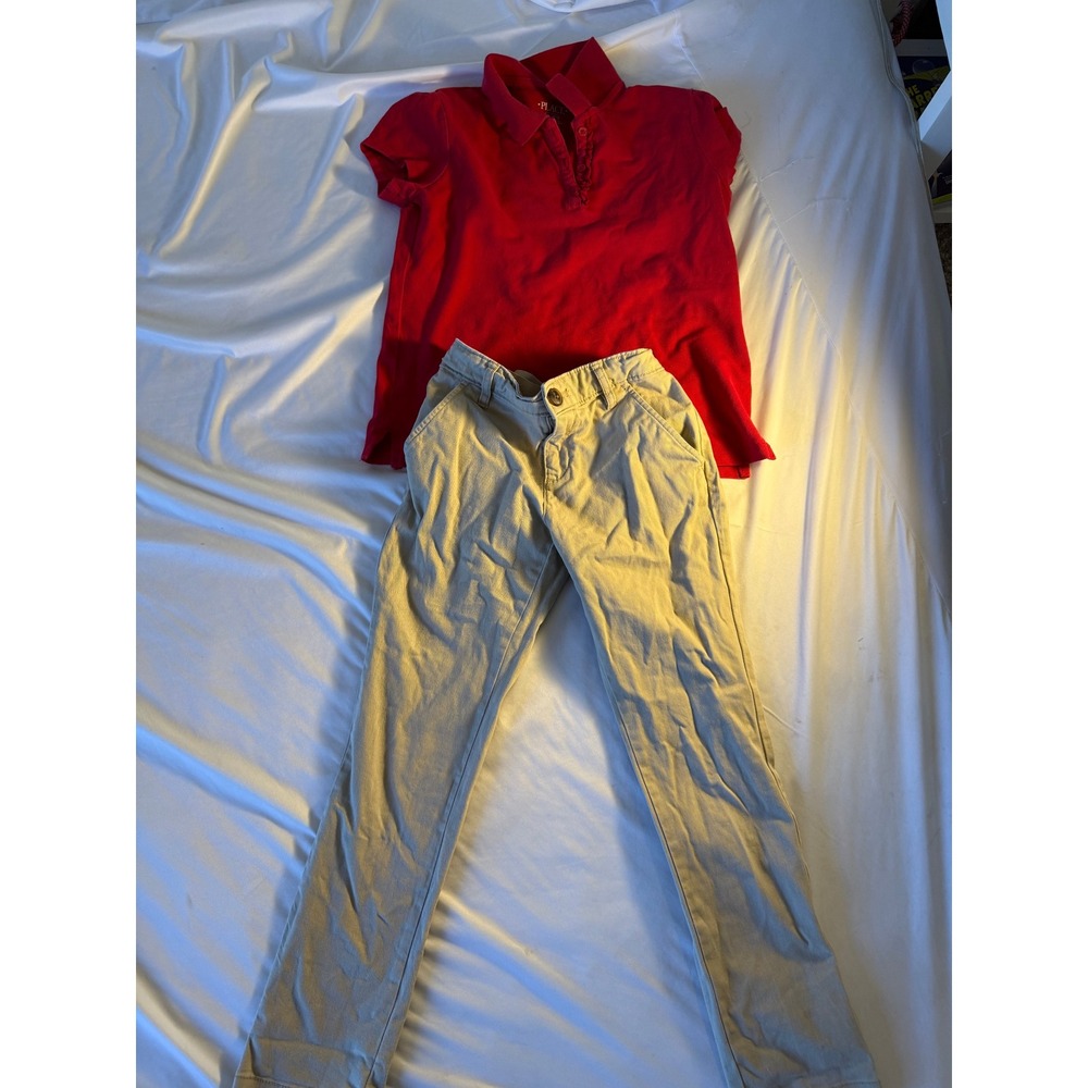 Girls School Uniform Set Red Polo Ruffle Shirt Old Navy Khaki Skinny Pants 10 12